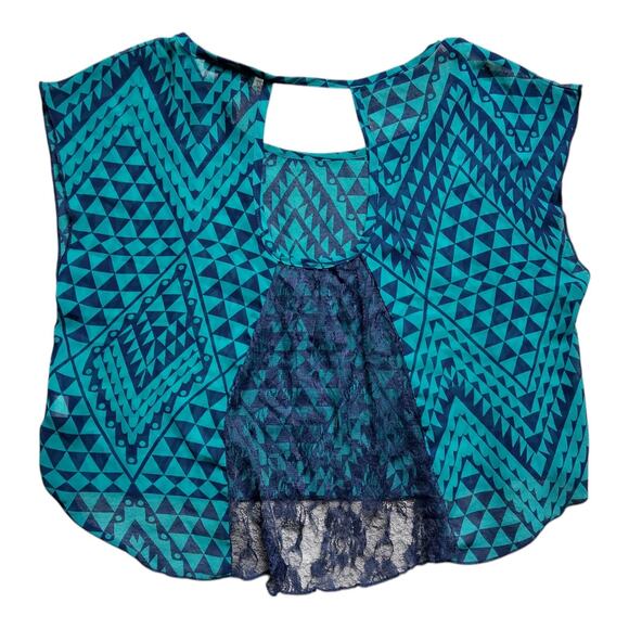 NWT Women's Sheer Crop Top, Blue/Green, Small, Aztec, Tribal Pattern, Lace Back - Picture 3 of 4